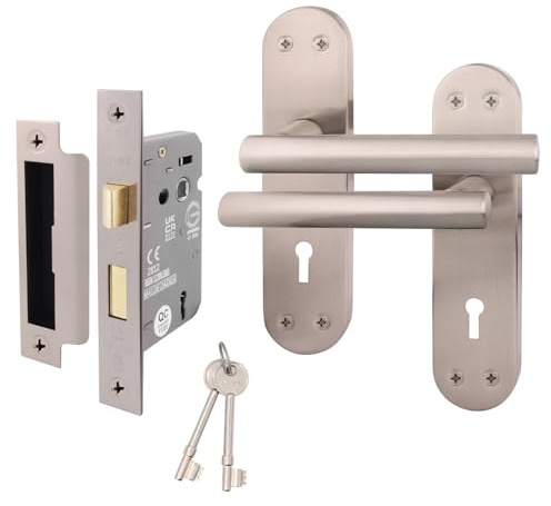 EAI Satin Door Handle Key Lock Set | 1 Pair of Satin Nickel Internal T-Bar Handles on Backplate with Sash Lock (64mm) & Keys | Oliena Range