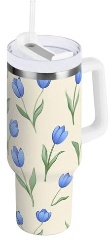 OWFKAY Vaso de café aislado de 40 onzas con tapa, botella de agua con pajilla, vaso de acero inoxidable, para hombres y mujeres, patrón de tulipán azul