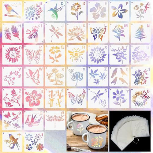 40 Stk Schablonen Textilgestaltung Kinder, Tiere Pflanzen Schablonen Zum Malen, 7,5 * 7,5 cm Malschablonen, Waschbar und Wiederverwendbares DIY Schablone Kinder für DIY Sammelalben, Fotoalbum