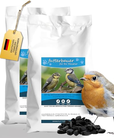 Futterbauer 2 x 10 kg Schwarze Sonnenblumenkerne für Vögel, 100% Natur, Hochwertige Energiequelle für Wildvögel, Hoher Fett- & Vitamin-E-Gehalt, Gereinigt & Getrocknet mit Schale, Ernte 2025