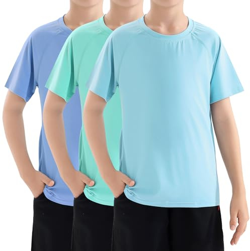 Rashguard pour Garçons -3 Pièces Maillot de Bain à Manche Courte Anti-UV, UPF50+ Costumes de Bain pour Enfants à Séchage Rapide Menthe/Bleu Clair/Bleu (L/12-14)