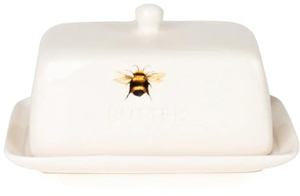 Home Deco London Ceramic Butter Dish with Bumblebee Design, White, 17.5 cm