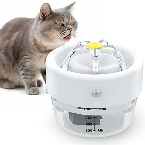 Jewyow Fuente de agua inalámbrica para gatos, 1 L, 1000 mAh, con 2 modos de flujo de agua, tiempo de funcionamiento de 25 segundos, sensor de movimiento