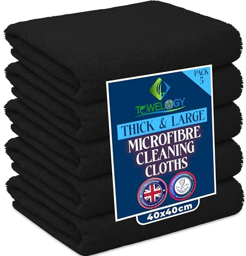 Towelogy Heavy Duty Microfibre Cleaning Cloths for Home All Purpose - Larger, Thicker, More Absorbent Cleaning Cloth - 100% Lint Free Micro Fibre Cloths for Kitchen, Bathroom and Car (5, Black)