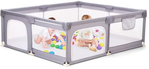 Babybox 150 x 180 cm Faltbare Box Baby Tragbar Abnehmbar Absperrgitter mit atmungsaktivem Netz und Saugnäpfen Keine Spielmatte Einfache Montage