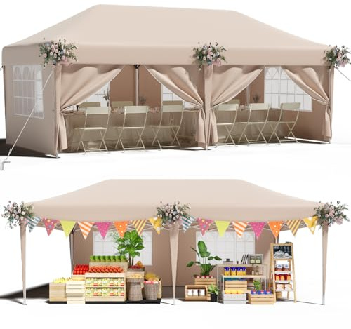TRIUMPHKEY Pavillon 3x6 UV-Schutz 50+, Faltpavillon 3x6 Wasserdicht Stabil mit 6 Seitenwänden, Partyzelt mit Tragetasche, Höhenverstellbarer Gartenpavillon Für den Außeneinsatz Geeignet, Beige