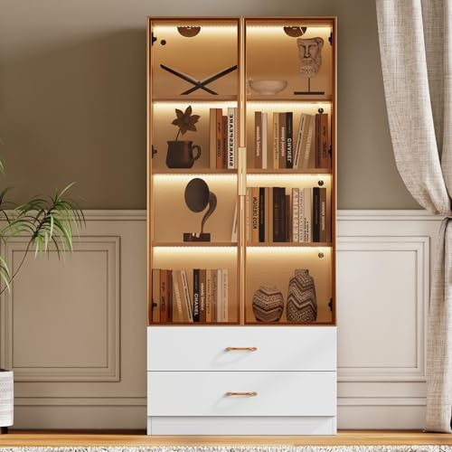 KOMHTOM Vitrine en Verre LED avec Compartiment de Rangement Ouvert et 2 Tiroirs - 75 x 34.5 x 170CM Armoire Moderne - MDF - Buffet en Bois pour Cuisine et Salon (Blanc - A)