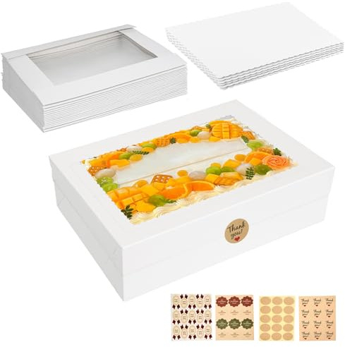 Aufind 6pcs Cake Boxes with Cake Board, 19x14x4.5 Inches White Bakery Boxes with Large Window for Quarter Sheet Cakes, Donuts, Cupcakes, Pastry & Pies