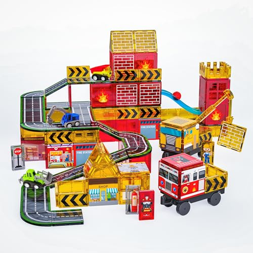 Magnetische Bausteine, Bausteine für Straß- und Feuerwehrthema, Magnete Kinder, Magnetbausteine mit Kran, Straße, Fahrzeugen, Magnetspiel als Geschenk für Jungen und Mädchen ab 3 Jahren