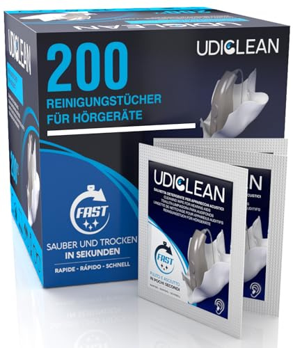 200 Reinigungstücher für Hörgeräte - Udiclean einzeln verpackte Feuchttücher - schnelltrocknende Reinigung - entfernt Fett Schweiß Schmutz