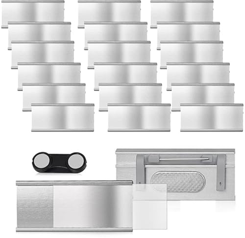 20 Stück Namensschilder für Kleidung mit Magnet, Aluminium Namensschild | 70x30mm Magnet Namensschild mit Starkem Doppelmagnet Nadel Papiereinschub für Arbeit Schule Ausstellung Gastronomie