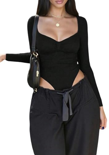 GORGLITTER Långärmad body dam elegant blusbody t-shirt body stringbody vinter bodysuit långärmad body basic långärmad tröja, svart, XS