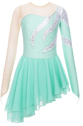 dPois Asymétrique Robe de Patinage Artistique Enfant Fille Paillettes Robe Danse Classique Manches Longues Brillant Strass Justaucorps Gymnastique Gym Ballet 5-16 Ans Vert Clair 9-10 Ans