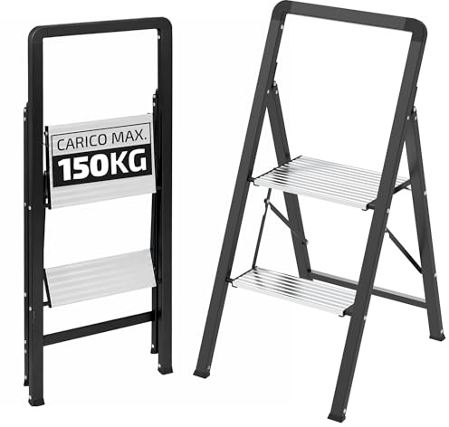 Scala pieghevole 2 gradini carico 150kg | Alluminio antiscivolo e acciaio | Si apre senza attrezzi – Piedini in gomma – Chiusura salvaspazio – Norma EN 14183 – Per casa ufficio e garage