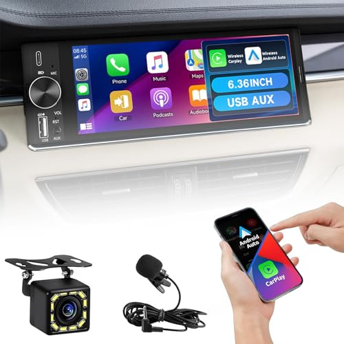 Single Din Bluetooth Car Stereo Compatible with CarPlay Android Auto, 6.36 Inch HD Touchscreen Car Radio with Mirror Link, Reversing Camera Included, FM, USB, SWC, Car Audio Head Unit