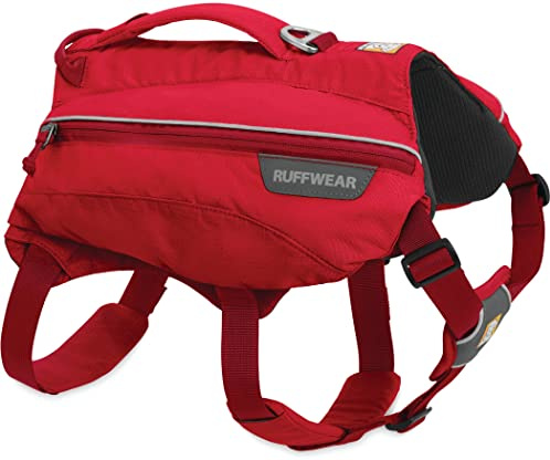 RUFFWEAR Trinkrucksack für Hunde, Inklusive 2 x 600 ml Wasserflasche, Große bis sehr große Hunderassen, Größenverstellbar, Größe: L/XL, Rot (Red Currant), Singletrak Pack