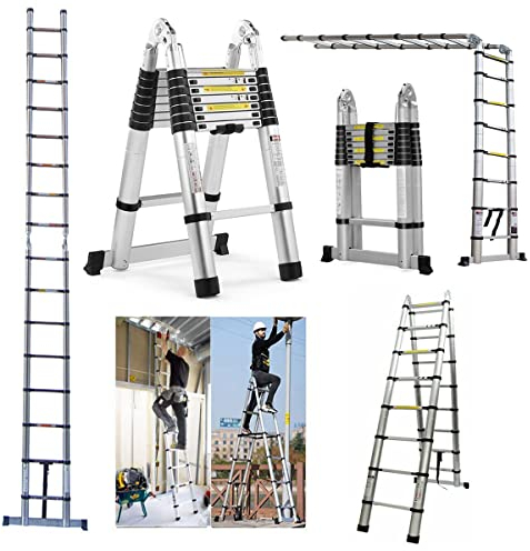 Teleskopleiter 5m mit Stabilisatorstange Aluleiter Klappleiter EN131-zertifizierte Klapp - und Anlegeleiter 16 Sprossen - 93cm bis 5m Anlegeleiter, 150 kg Belastbarkeit (2.5+2.5M)