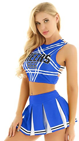 Alvivi Damen Cheer Leader Cheerleading Kostüm Schulmädchen Uniform Crop Tops mit Minirock Cosplay Halloween Karneval Fasching Party Tanzkostüm Blau XL