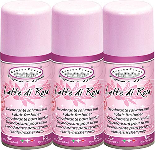 HygienFresh Deodorante Spray Profumo Tessuti Igienizzante Mangia Odori Fumo per Abiti Tende Divani Cassetti Armadi Speciale Lavanderie Idea Regalo Natale Fomula Professionale 150 ml (Latte di Rosa)
