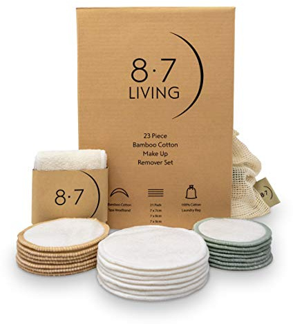 8.7 LIVING 23PC Bamboo Cotton Reusable MakeUp Remover Pads+Headband Set| Bamboo Spa Makeup Headband+21 Ultra Soft Bamboo Makeup Remover Pads+Cotton Washbag|21 Sustainable Washable Reusable Cotton Pads