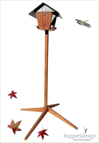 Bergisches Vogelhaus KoppersDesign, mit Ständer, Silo Vogelfutterhaus, wetterfest, FSC zertifiziertes Holz, Schieferdach, Vogelfutterstation, Terrasse oder Balkon, sehr standfest, Zwei Futterkammern