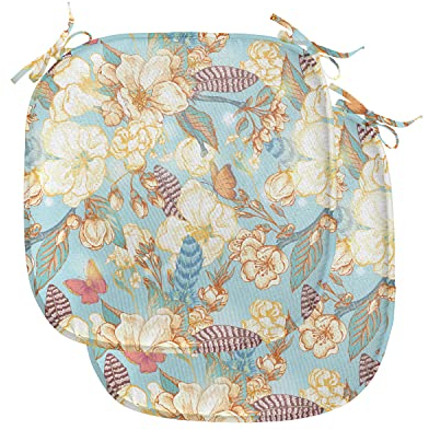 ABAKUHAUS Shabby Flora Polster für Esszimmerstühle, Vintage Garden Blatt, Dekoratives wasserfestes Kissen mit Riemen für Küchensitze, 40 cm x 40 cm-2er Pack, Baby Blue Weiß Lila