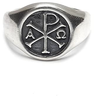 Echtes Sterling Silber herren Ring Chi Rho Alpha Omega massiv punziert 925