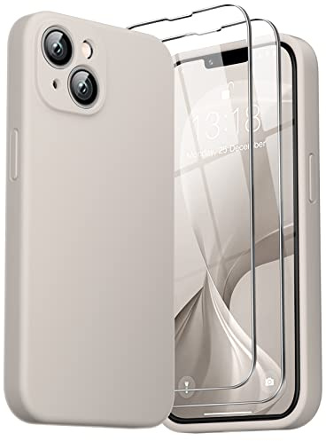 GOODVISH 3 in 1 Liquid Silikon Hülle für iPhone 14 Hülle, StoneGrey | mit 2 Stück Schutzfolie, Stoßfester Kratzfestem Handyhülle Schutzhülle Soft Mikrofaserfutter Case für iPhone 13 6.1