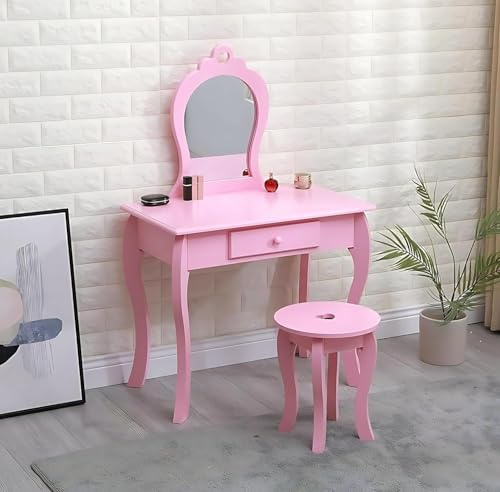 Abaseen Pink Children Amelia Vanity Set Dressing Table with Mirror & Stool | Girls Makeup Table Chair for Bedroom Children's Room, Dressing Room, One Seat