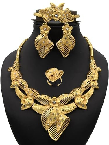 Ensemble De Bijoux Indiens Fête Mariage Dubai Or pour Femmes Accessoires Collier Bracelet Boucle d'oreille Design Cadeau Nigeria Éthiopien