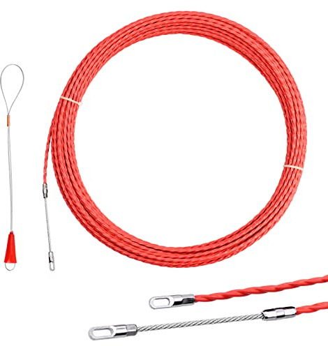 Enhebrador de Alambre Electrico 30m, Diámetro 4,5mm, Guia Pasacables Trenzada Pared Profesional de Poliéster con Muelle de Guía, Tirador de Cable para Colocación de Cables (Rojo)