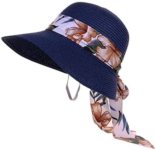 GizellMG Casquettes rétro Chapeau Paille Visières Femme Chapeau d'été Pliable Grande Bord avec Nœud pour Femme Fille Capline Vintage pour Plage 58CM