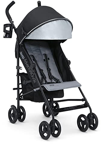Jeep AdventureGlyde Stroller by Delta Children - Lightweight Travel Stroller with Smoothest Ride & Compact Fold, 3-Position Recline, Extra Large Storage Basket, Black/Grey
