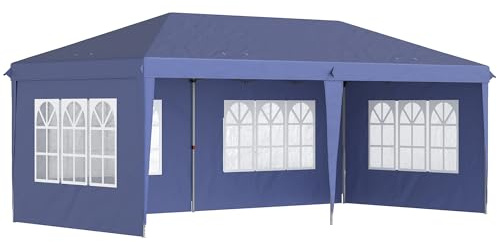 Outsunny Pavillon ca. 3x6m Wasserdicht Pop-up Faltpavillon mit 4 Seitenwänden, Fenster, Partyzelt mit UV-Schutz, Oxford Gartenpavillon inkl. Tragetasche Gartenzelt für Balkon, Terrasse, Blau