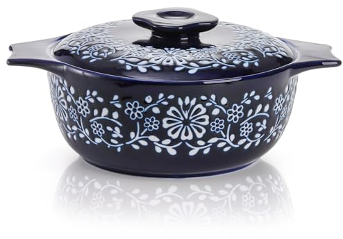 Bekith Casserole Dish with Lid, Ceramic Casserole Dish For Oven, 2.6-Quart Round Baking Dishes, Oven Safe and Durable Bakeware for Dinner and Party, Wedding Gifts, Blue