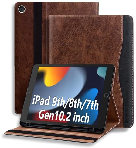 ONETHEFUL Hülle für iPad 9 8 7 Generation (10.2 Zoll, Model 2021/2020/2019),Premium Pu Leder Klappständer Schutzhülle mit Stifthalter und Dokumentschlitze, Braun