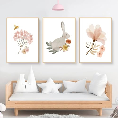 Herfair Bilder Kinderzimmer 3er Set Wandbilder Poster Kaninchen Blume Bilder, Hase Wandposter für Mädchen & Jungen Babyzimmer Deko, Ohne Rahmen (21x30cm)