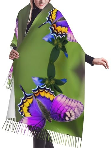 FWJZDSP Lila Schal mit Schmetterlingsmuster, Kaschmir-Schal mit Fransen, Plüsch-Kaschmir-Imitat-Schal mit einzigartigem einseitigen Druck, warmer Winter-Schal