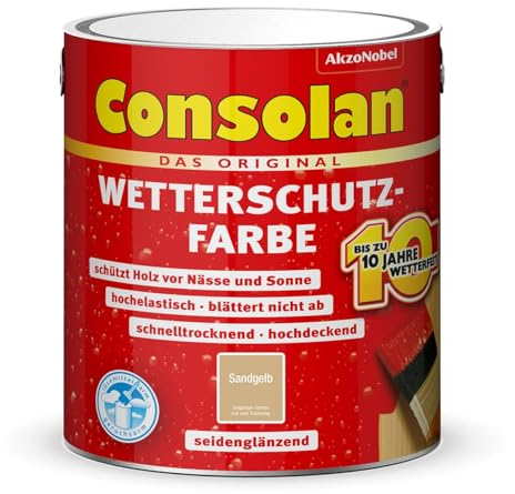 Consolan Wetterschutzfarbe, Deckender Holzschutz für Außen, Sandgelb, 2,5L