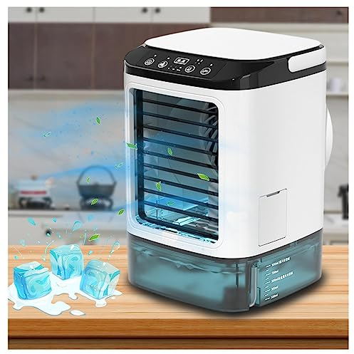 Air Cooler, 900ml Water Tank,with Ice Box,3 Wind Speeds Mini Desk Air Conditioner Cooling Mist,7 LED Lights,with Handle Portable Air Conditioning for Home for Room Office