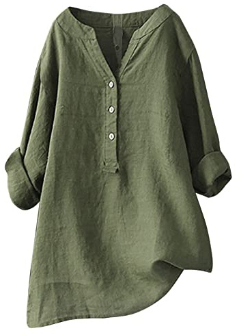 Women Oversized Shirts V Neck Button Down Summer Blouse Roll-Up Sleeve Tops Tunic Trendy Boho Ladies Clothes 2025(Army Green,Large)