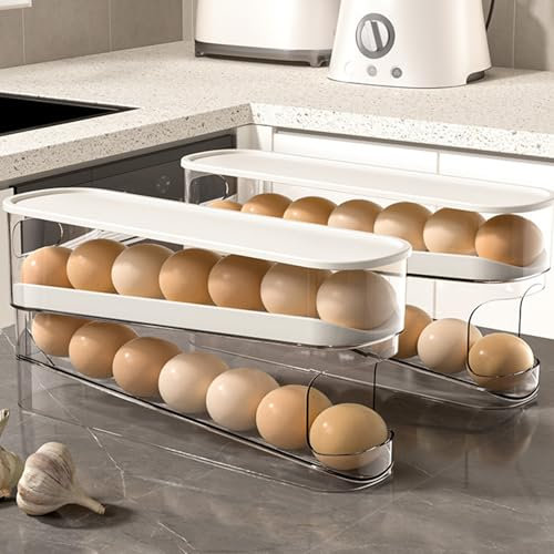 Eierbehälter für Kühlschrank, Eier Aufbewahrung Kühlschrank, 2 Schichten Automatisch Rollender Eierspender Kühlschrank, Stapelbarer Eierhalter mit Deckel für Kühlschrank (2 Stück)