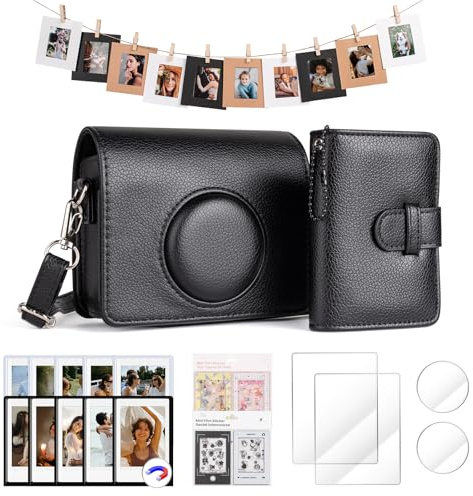 HIYQIN Mini EVO Kameratasche und Zubehörpaket, für Fujifilm Instax Mini EVO Tasche, LCD-Bildschirm und Objektivschutz, Fotoalbum, Bilderrahmen und Aufkleber - Schwarz