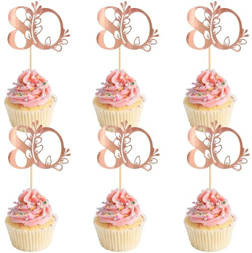 Blumomon 24Pcs 80th Happy Birthday Cupcake Toppers Happy 80 Cupcake Topper Cheers to 80 Cake Decoration 80th Birthday Party Decoration 80th Anniversary Cake Decoration（Rose Gold）