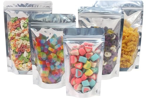 SumDirect 100pcs Disposable Food Storage Bags,Resealable Zipper Stand up Mylar Bags Pouches with Notch for Small Business Packaging Supplies and Party Favors (Silver, 12x18cm)