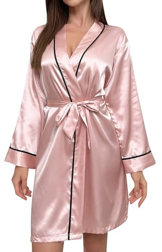 Damen-Bademantel aus Seidensatin, weicher kurzer Kimono-Bademantel mit Gürtel, leichte Luxus-Nachtwäsche, elegante Langarm-Nachtwäsche, bequeme Satin-Loungewear für Frauen, rose, 36