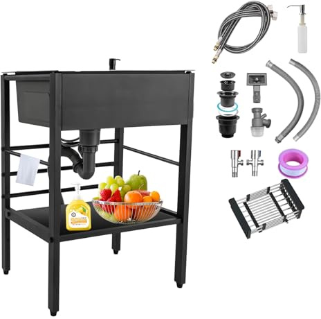 Errtsdb Lavello da Esterno, Cucina da Esternocon Staffa con Scolapiatti, Cucina da Esterno Lavello Cucin in Acciaio Inox Autoportante per Interni Esterni(55x45x86cm/Senza Rubinetto)