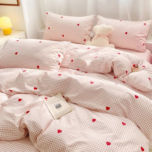 Covebett Bettwäsche 155x220 Kariert Rosa mit Rot Herz Herzen Muster Mädchen Bettbezug 2teilig Aesthetic Modern Karo Herzmuster Microfaser Deckenbezug mit Reißverschluss und Kissenbezug 80x80cm