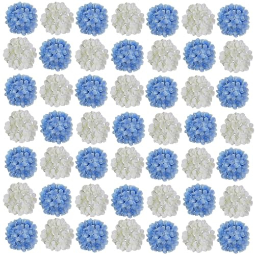 Flores artificiales de hortensias blancas y azules a granel, 60 piezas de flores de hortensia sintética, flores artificiales de hortensias de seda con tallos, flores blancas y azules artificiales para