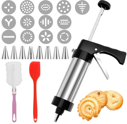 Gatphy Gebäckpresse für Spritzgebäck Edelstahl Plätzchen Presse mit 13 x Schablonen, 8 x Tüllen, 1x Schaber Spritzgebäck Maschine Plätzchen für Kekse Kuchen